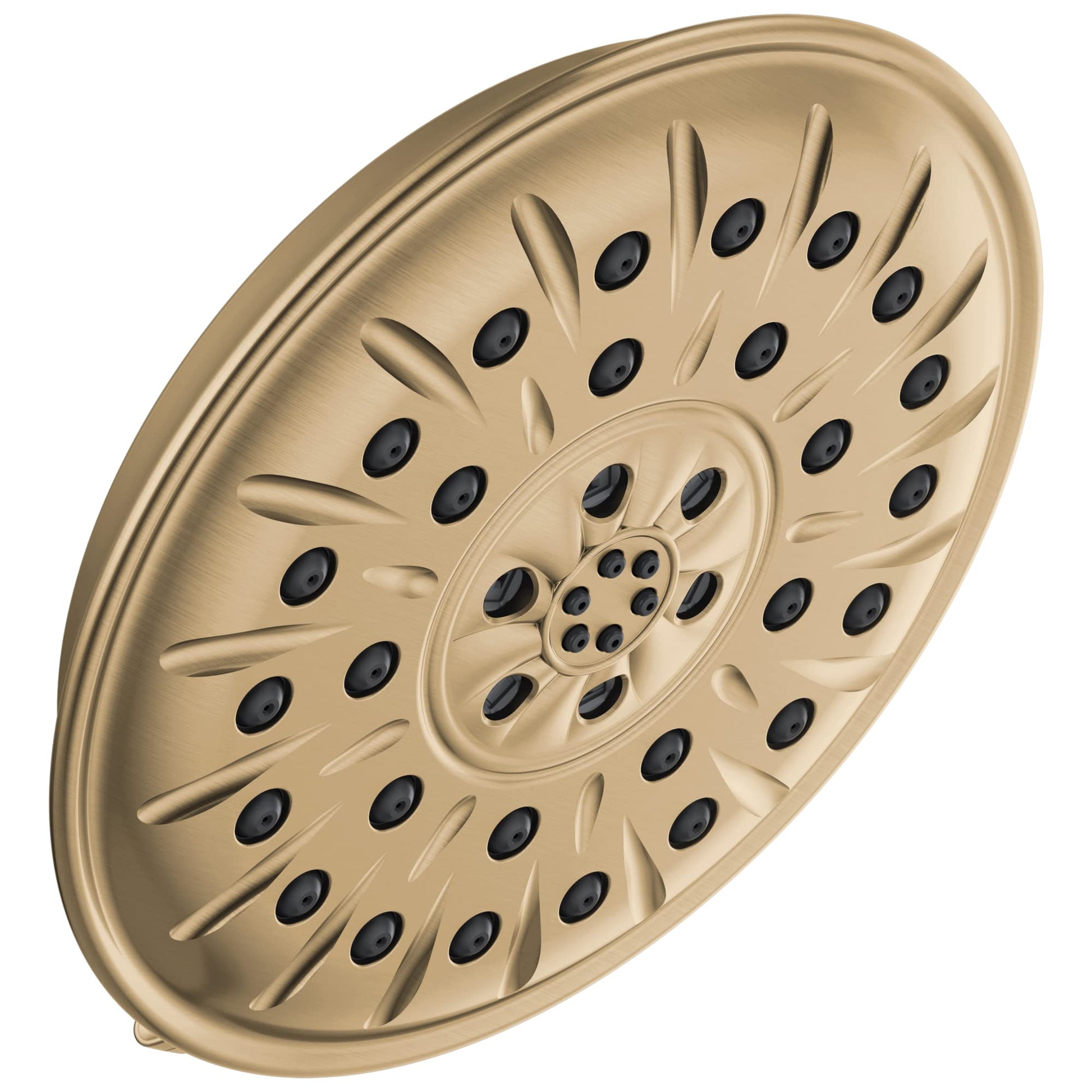 Champagne bronze circular shower head with multiple jet nozzles arranged in concentric rings and radiating ridges.