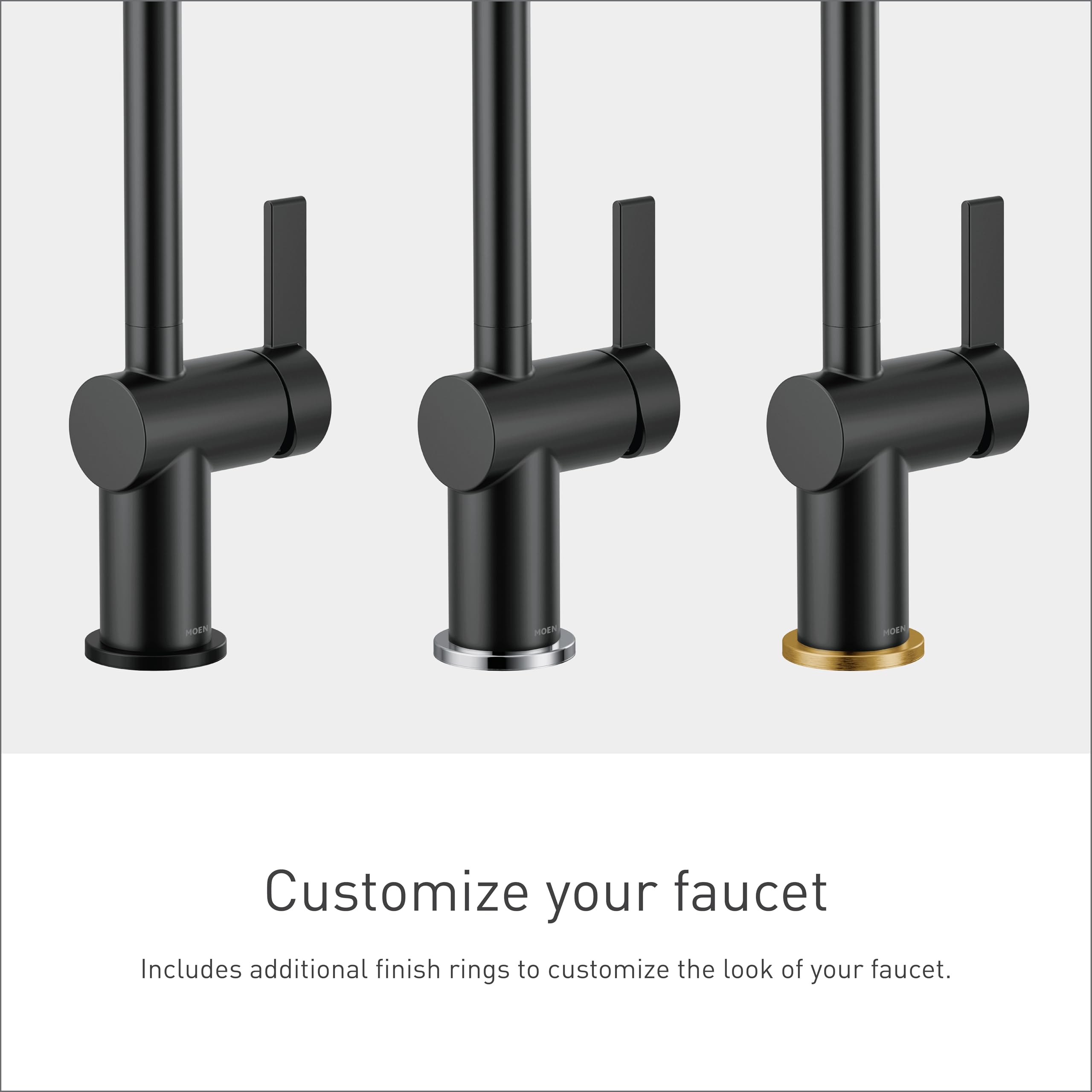 Moen CIA pre-rinse spring kitchen faucet in matte black shown with interchangeable finish ring options.