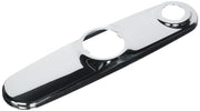 Chrome and black kitchen faucet escutcheon with two circular openings and side spray connector.