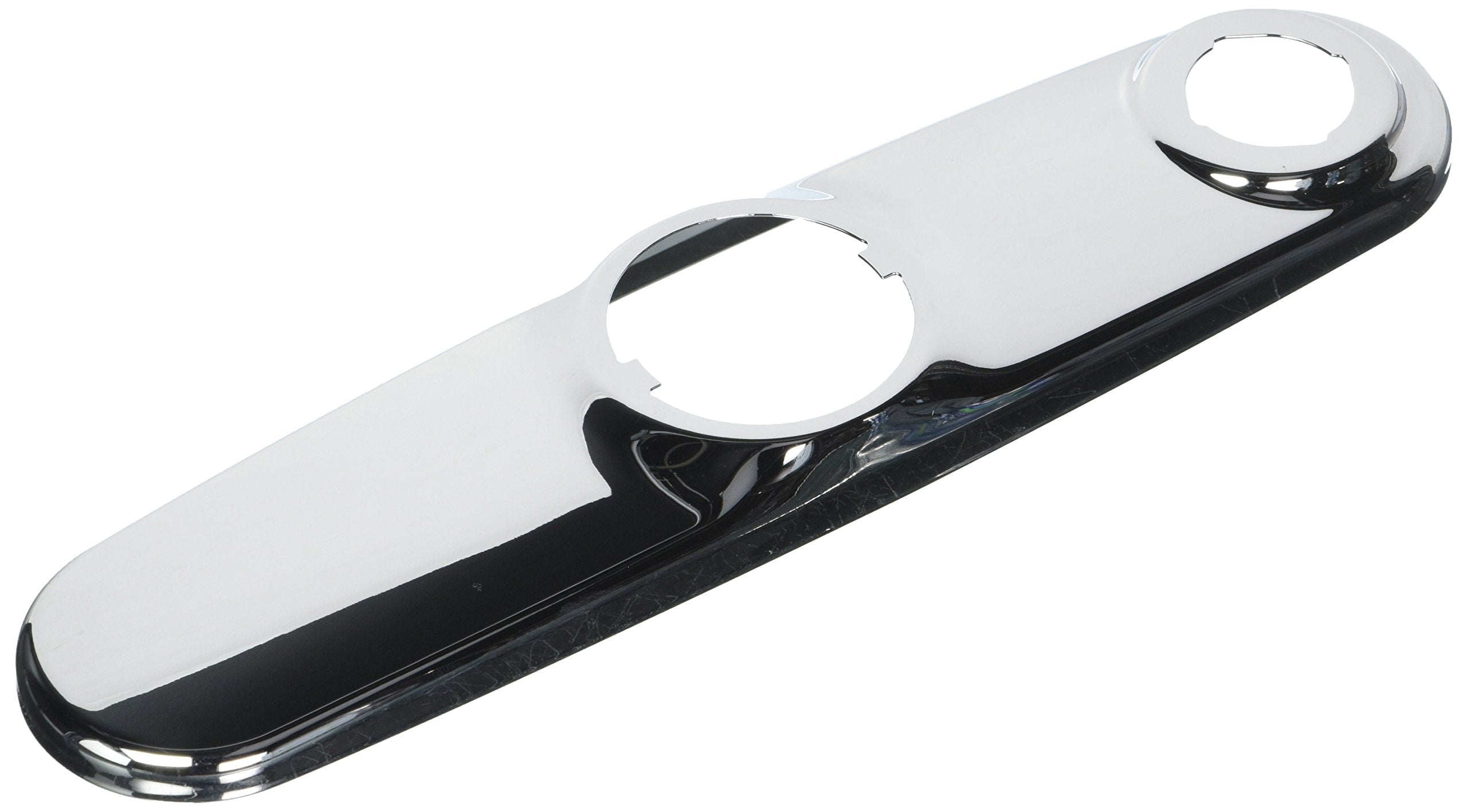 Chrome and black kitchen faucet escutcheon with two circular openings and side spray connector.