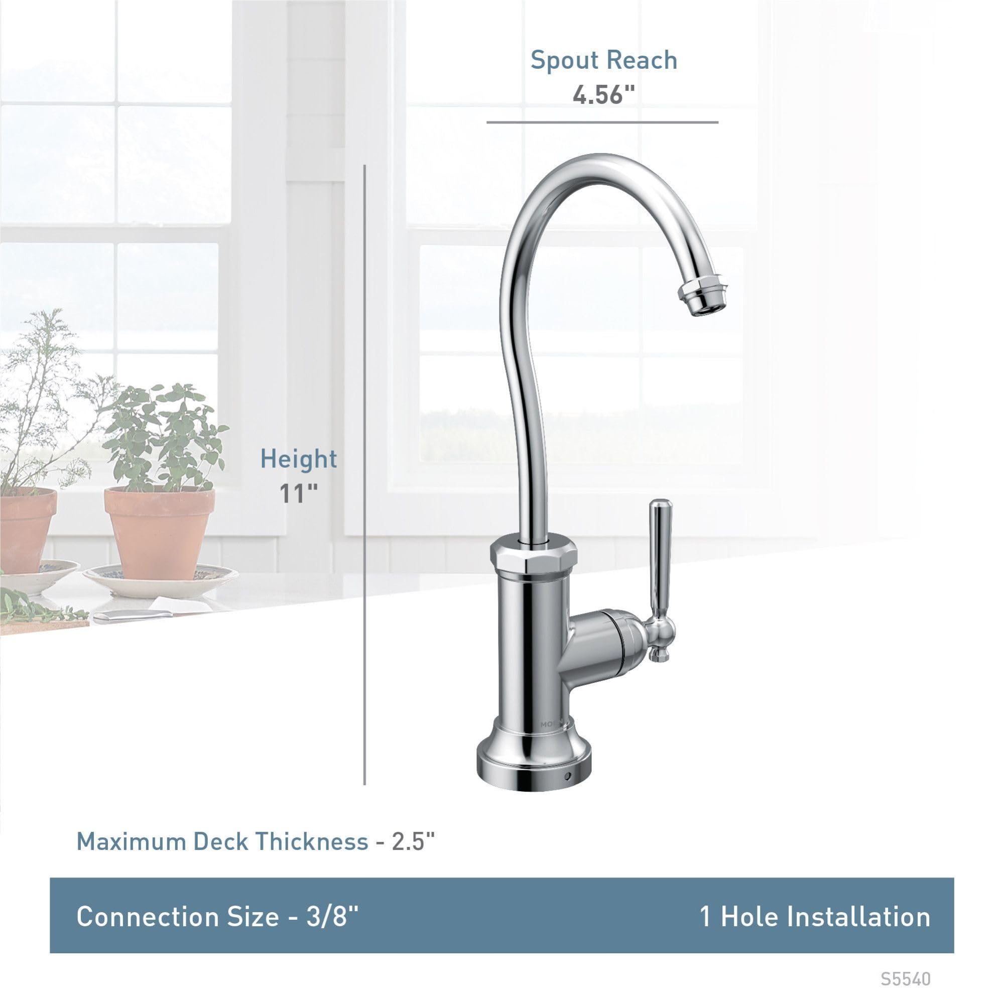 Polished stainless steel single-handle kitchen beverage faucet with curved spout and lever handle, 11 inches tall with 4.56 i