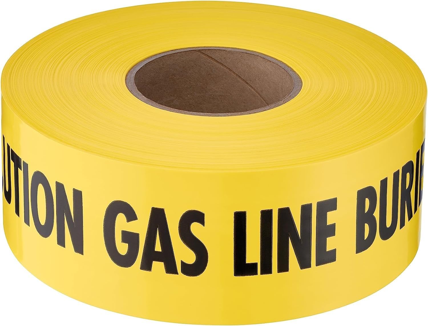 Yellow caution tape roll with black "CAUTION GAS LINE BURIED" text and cardboard core.
