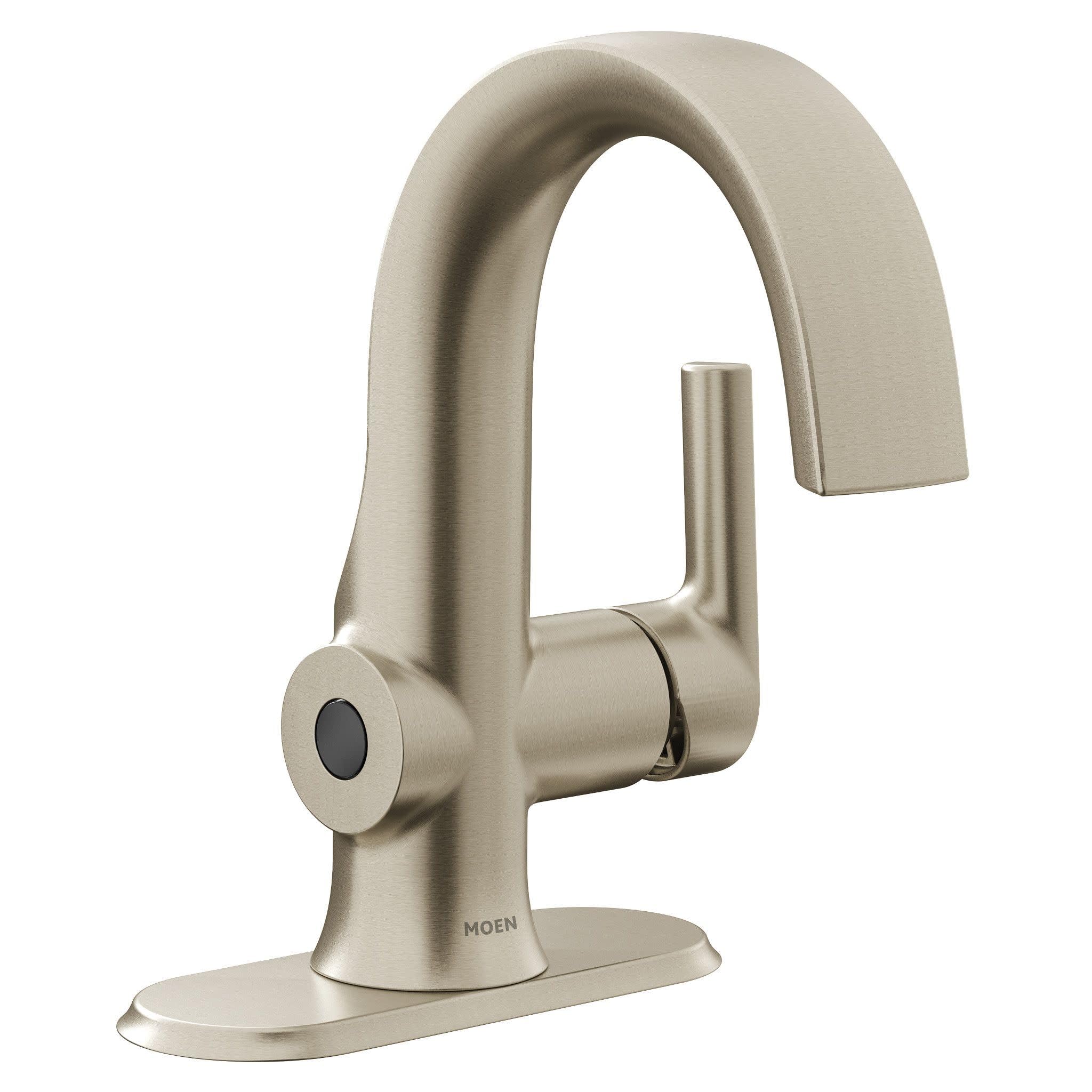 Brushed nickel single-handle bathroom sink faucet with curved spout and motion sensor control.