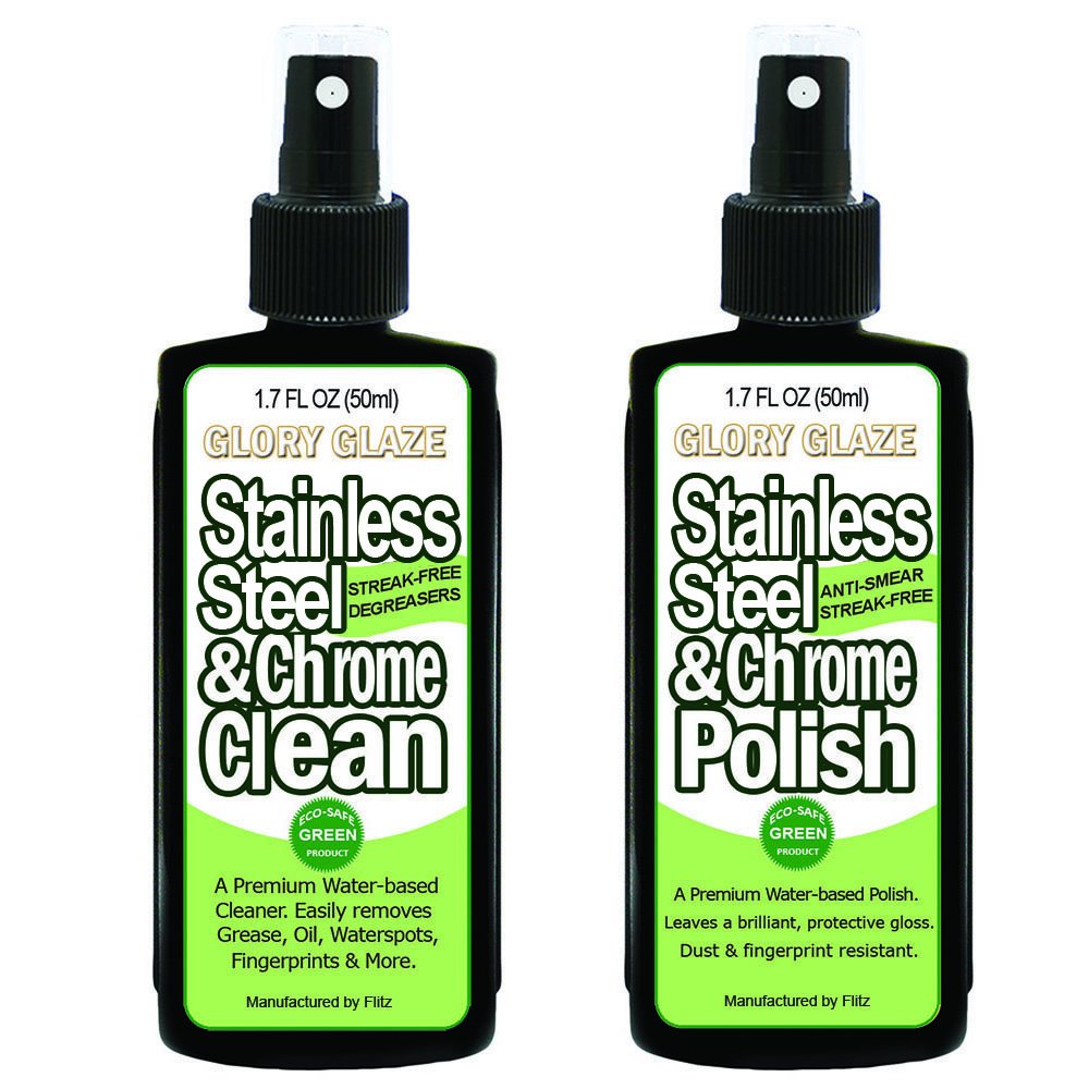 Two 1.7 fl oz spray bottles of Glory Glaze stainless steel and chrome cleaner and polish with black labels and green accents.