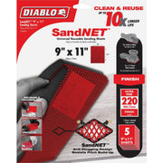 Five red 220-grit SandNET universal reusable sanding sheets measuring 9 inches by 11 inches with anti-clogging mesh design.