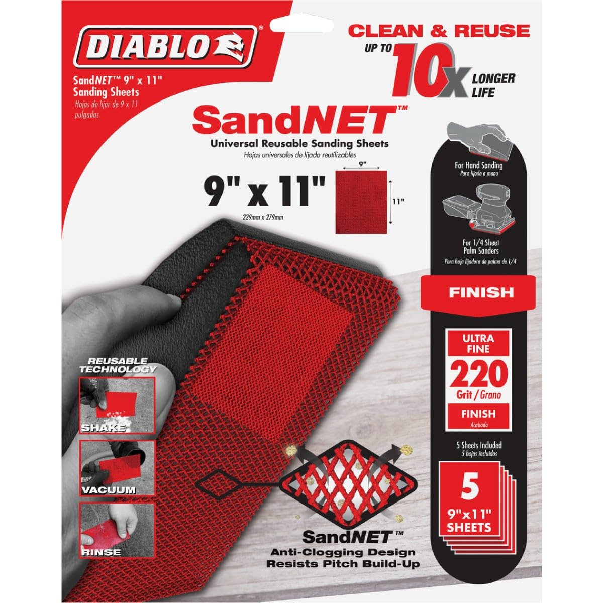 Five red 220-grit SandNET universal reusable sanding sheets measuring 9 inches by 11 inches with anti-clogging mesh design.