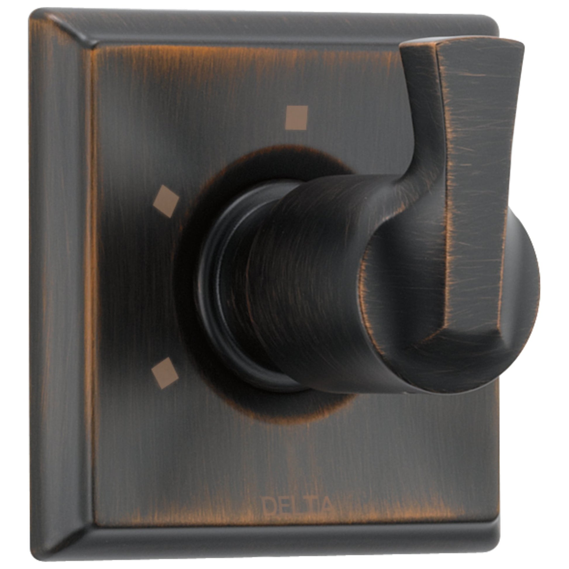 Oil-rubbed bronze diverter trim with rounded lever handle and square escutcheon plate.