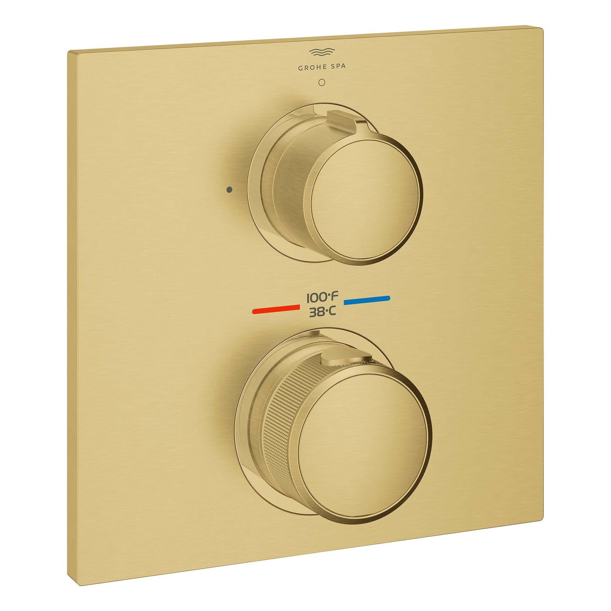 Grohe Allure thermostatic valve trim with two round handles and temperature dial on brushed gold square plate.