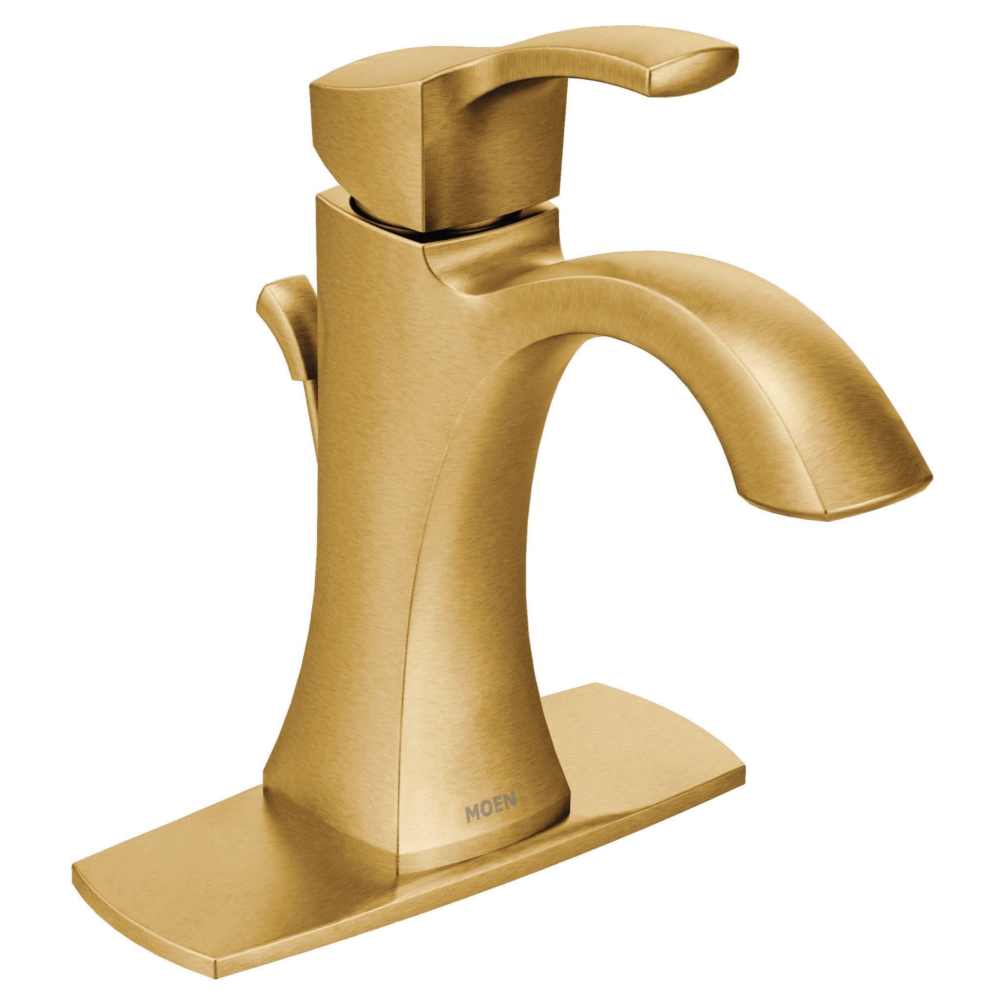 Gold single-handle high-arc bathroom faucet with curved spout and rectangular base.
