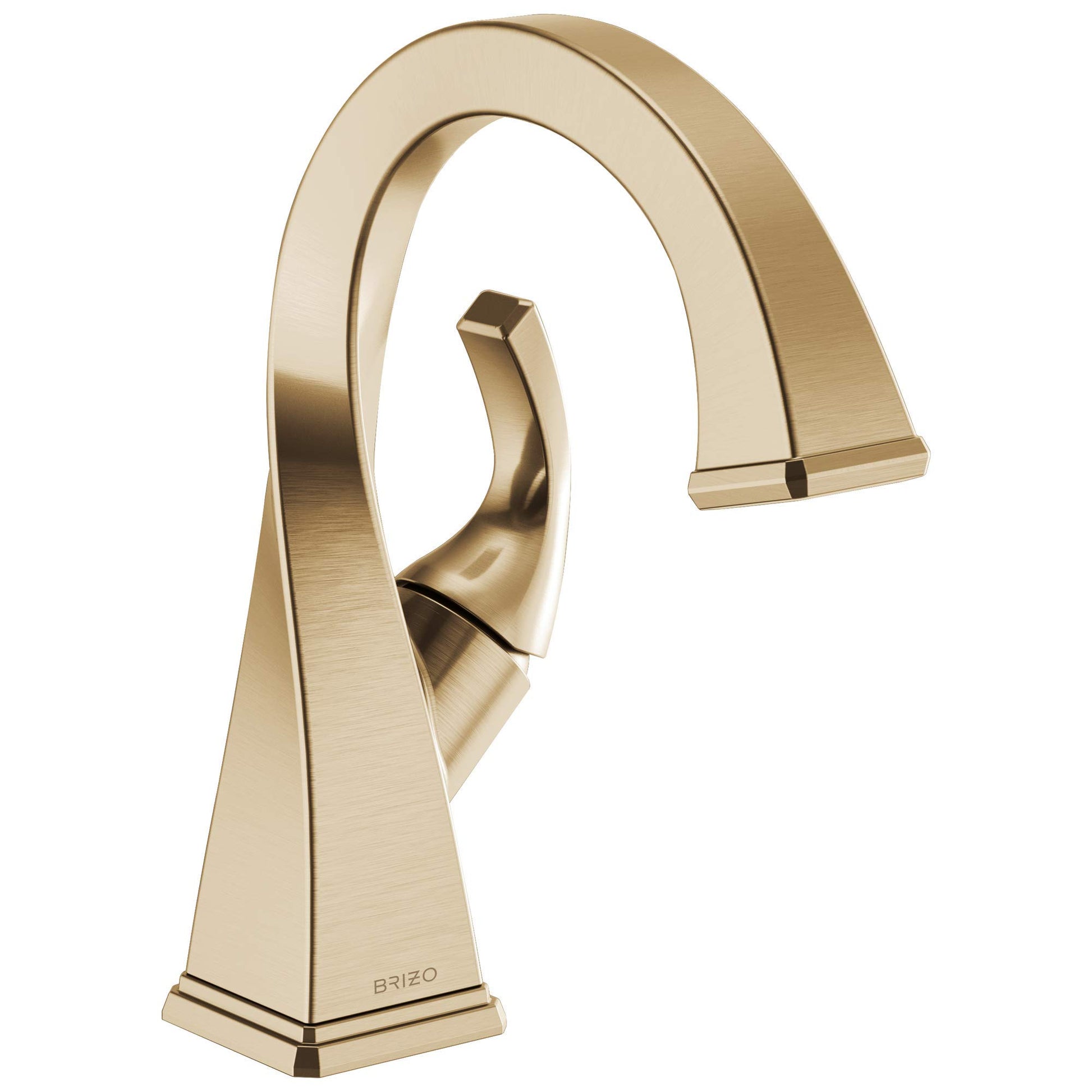 Brushed gold single-handle bathroom faucet with curved spout and rectangular base.