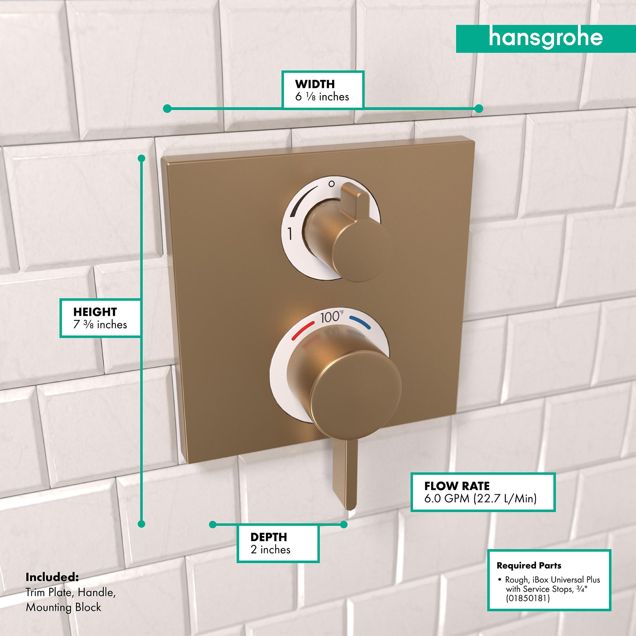 Brushed bronze thermostatic shower trim with dual handles mounted on square plate against white subway tile.