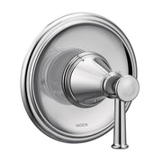 Chrome shower valve trim kit with single lever handle and circular escutcheon plate.