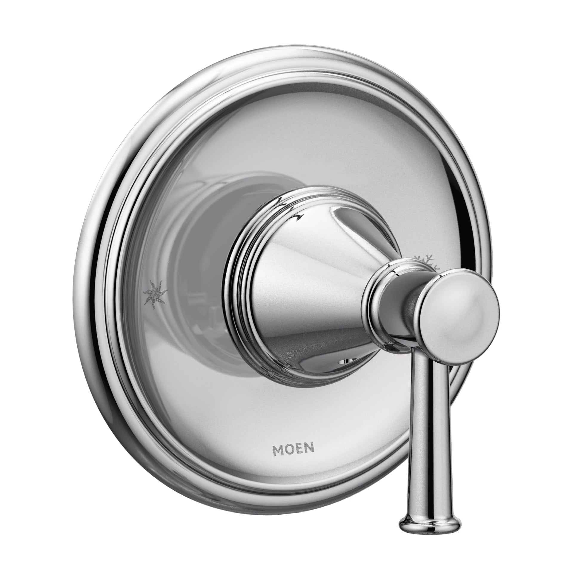 Chrome shower valve trim kit with single lever handle and circular escutcheon plate.