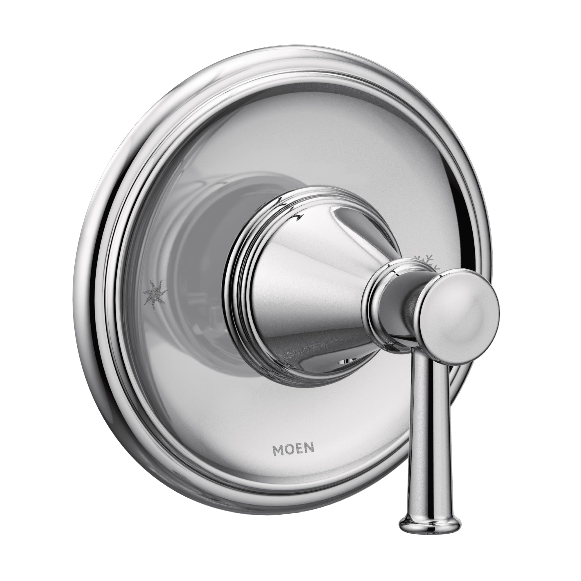Chrome shower valve trim kit with single lever handle and circular escutcheon plate.