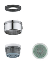 Chrome flow control cartridge with black rubber seal, metal housing, and aerator screen components displayed separately.