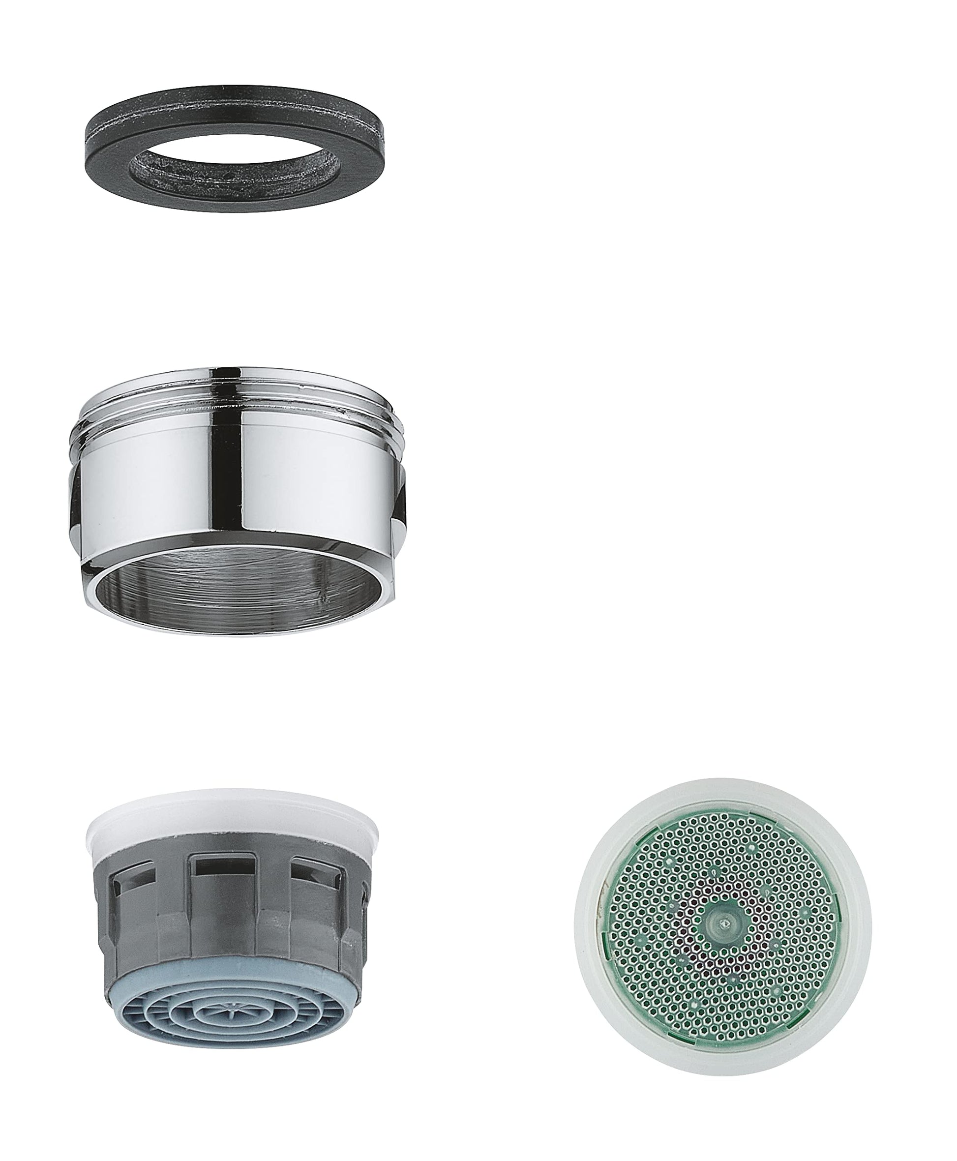Chrome flow control cartridge with black rubber seal, metal housing, and aerator screen components displayed separately.
