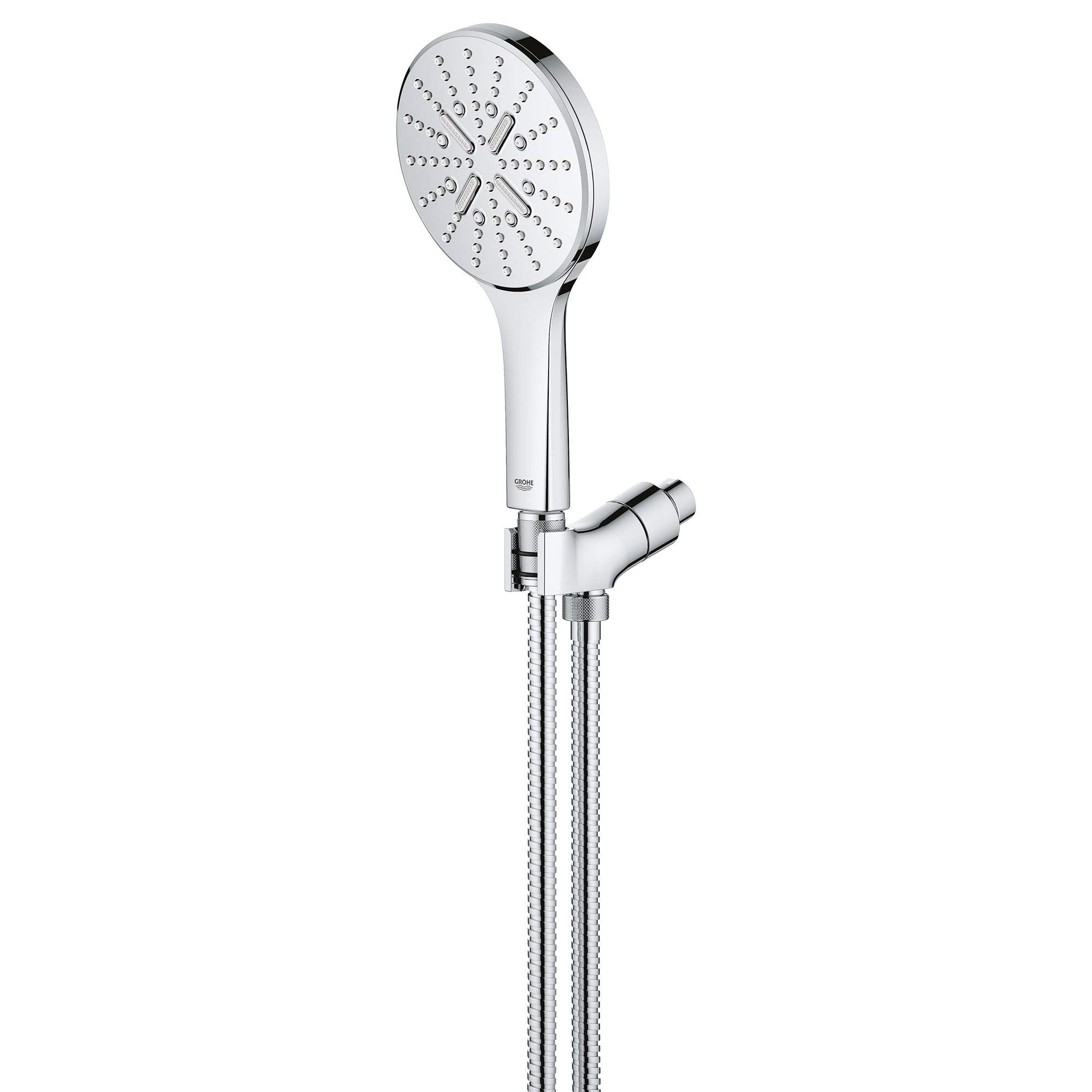 Chrome hand shower with circular spray head, white handle, and flexible hose with connector bracket.