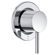 Chrome shower valve trim with cylindrical lever handle and round escutcheon plate mounted on wall.