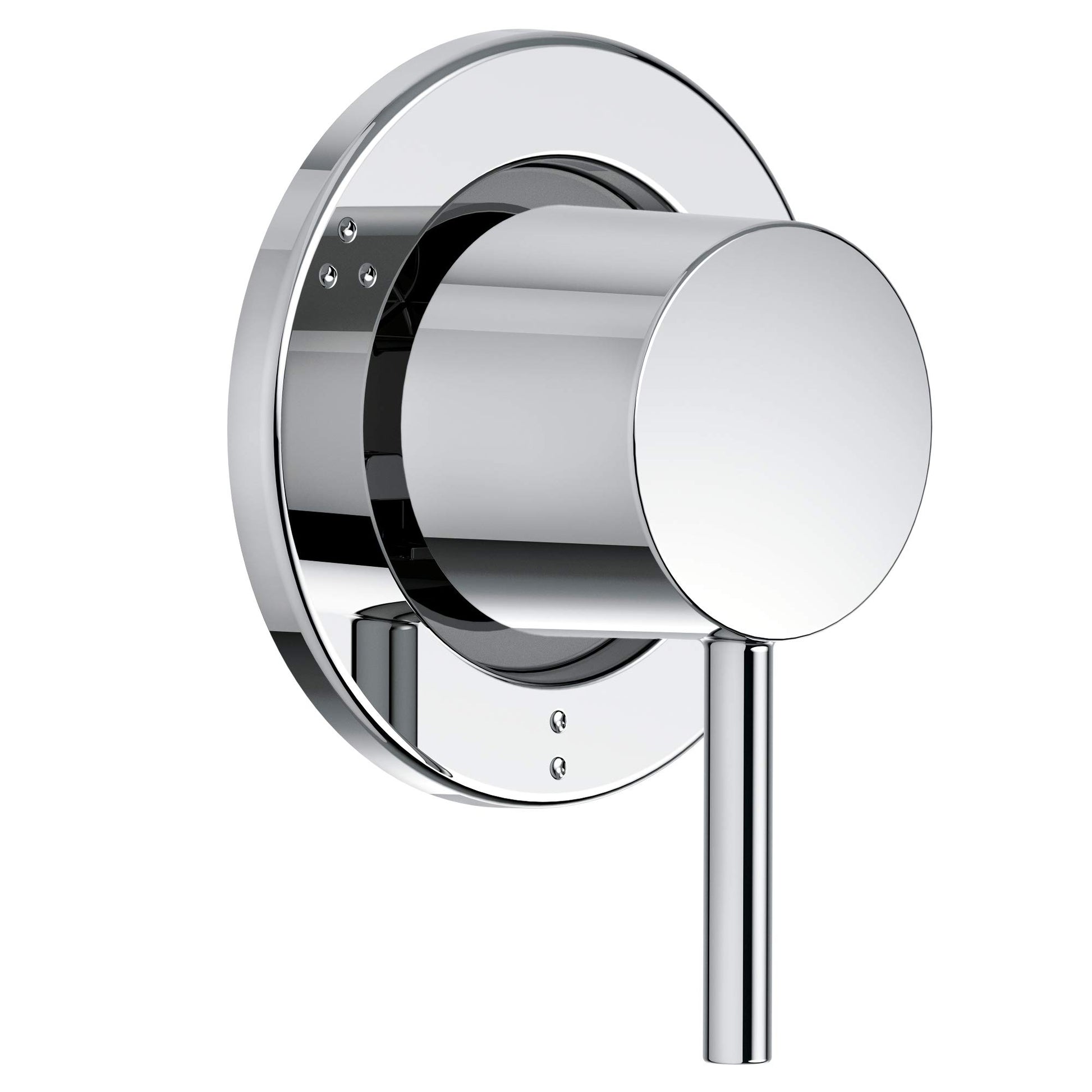 Chrome shower valve trim with cylindrical lever handle and round escutcheon plate mounted on wall.