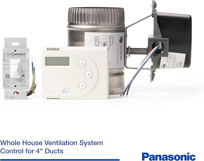 Panasonic ventilation kit with white control unit, motorized damper, FanConnect connector, and wiring for 4-inch ductwork ins