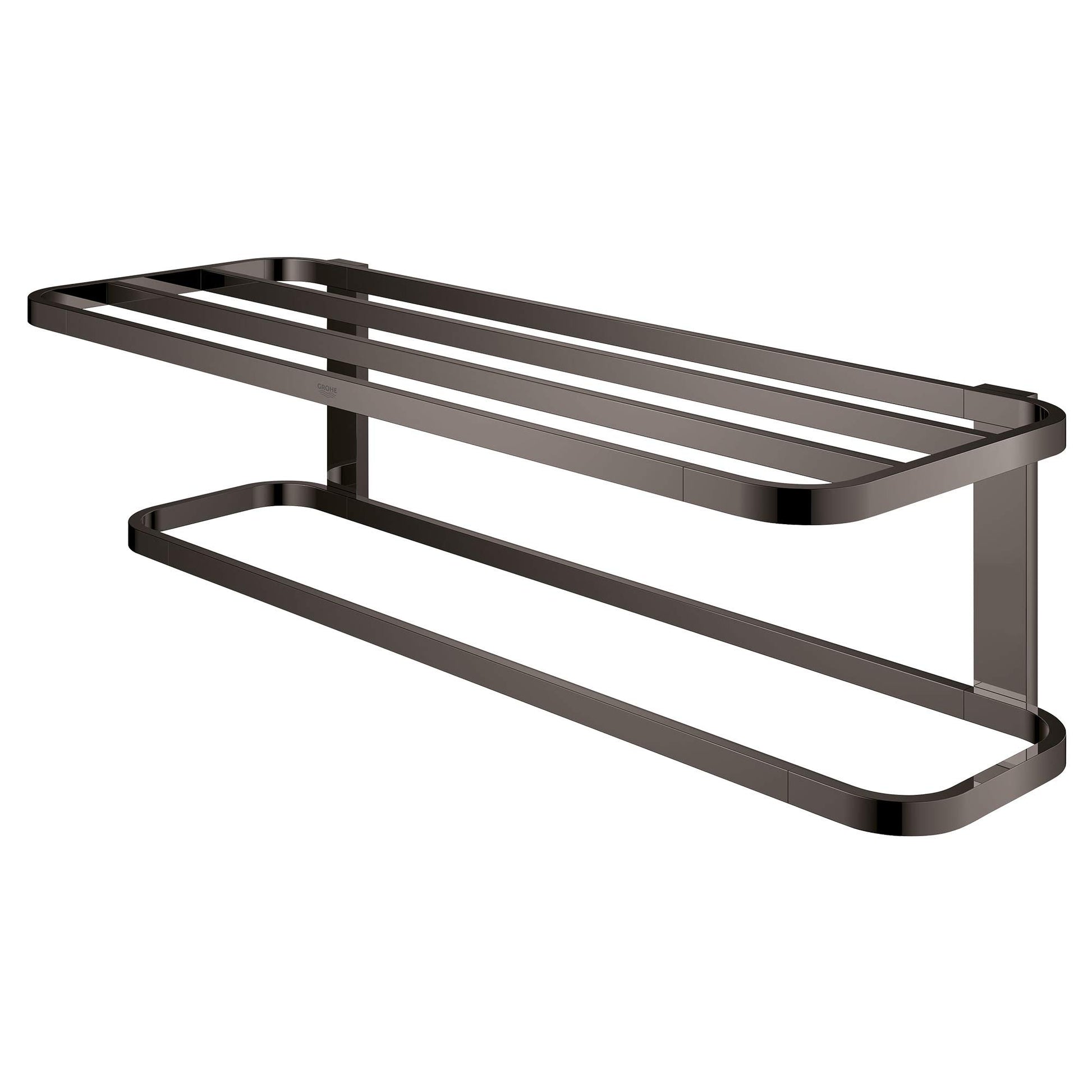 Dark graphite two-tier towel rack with horizontal rails and vertical supports.