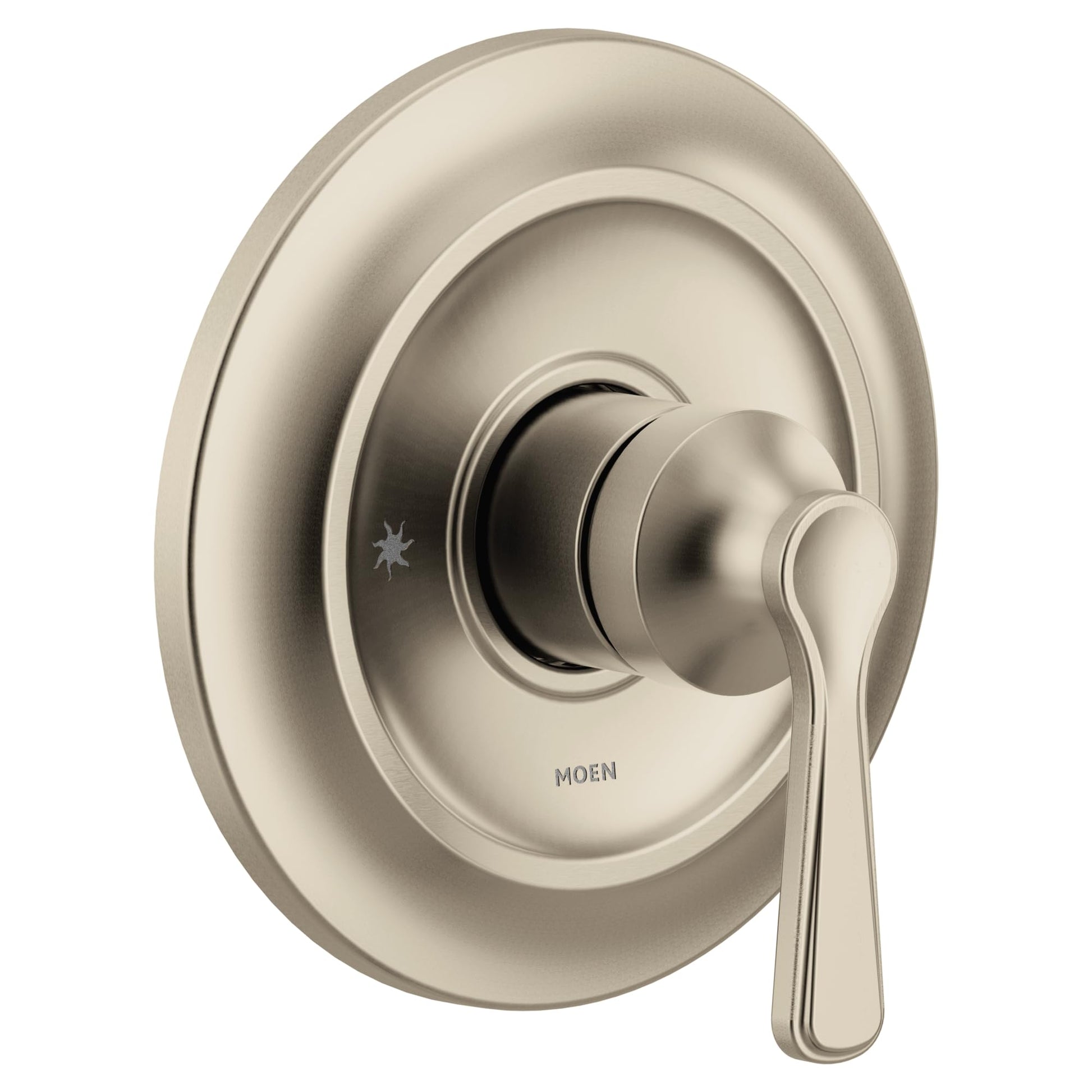 Brushed nickel single-handle shower valve trim with circular escutcheon plate and lever handle.