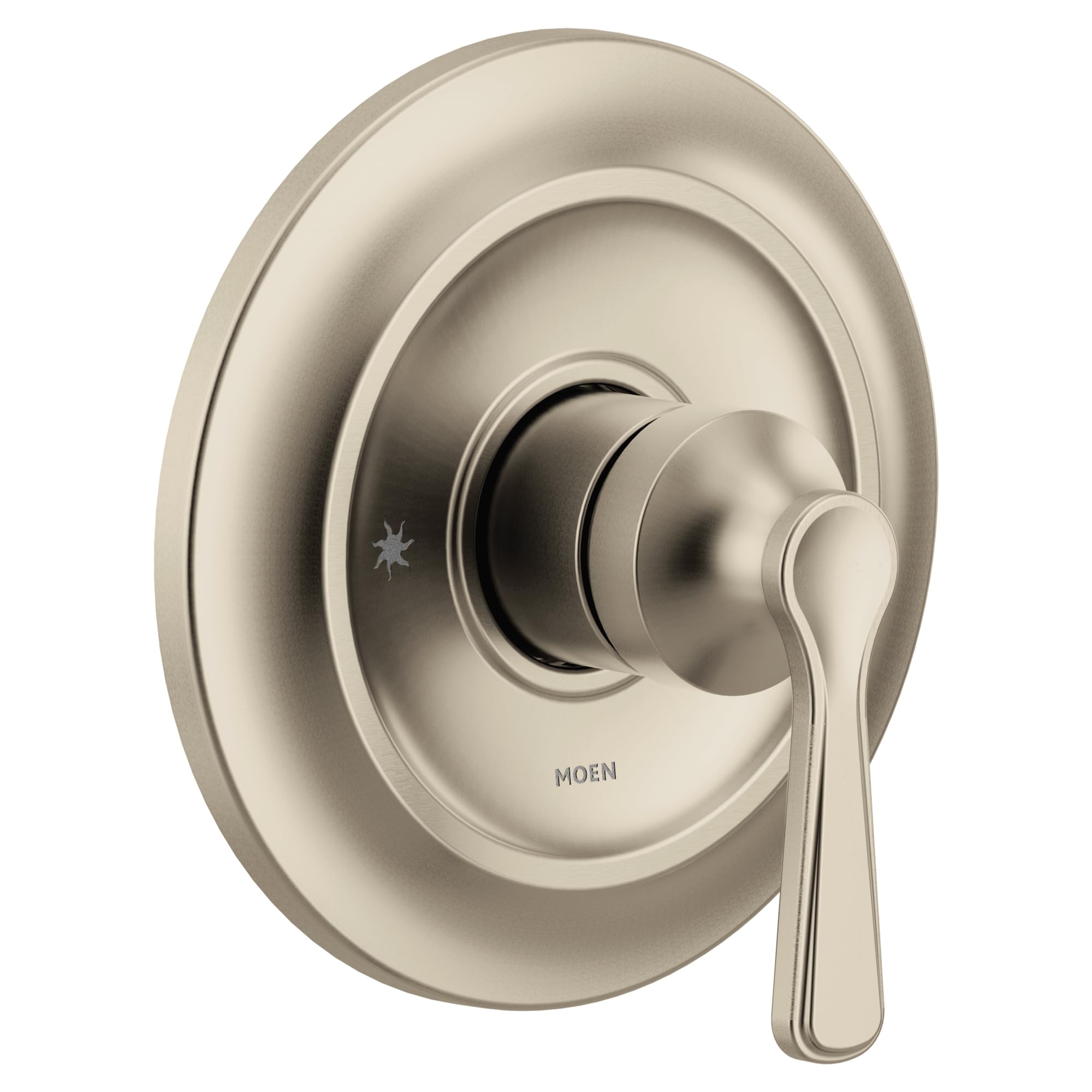 Brushed nickel single-handle shower valve trim with circular escutcheon plate and lever handle.