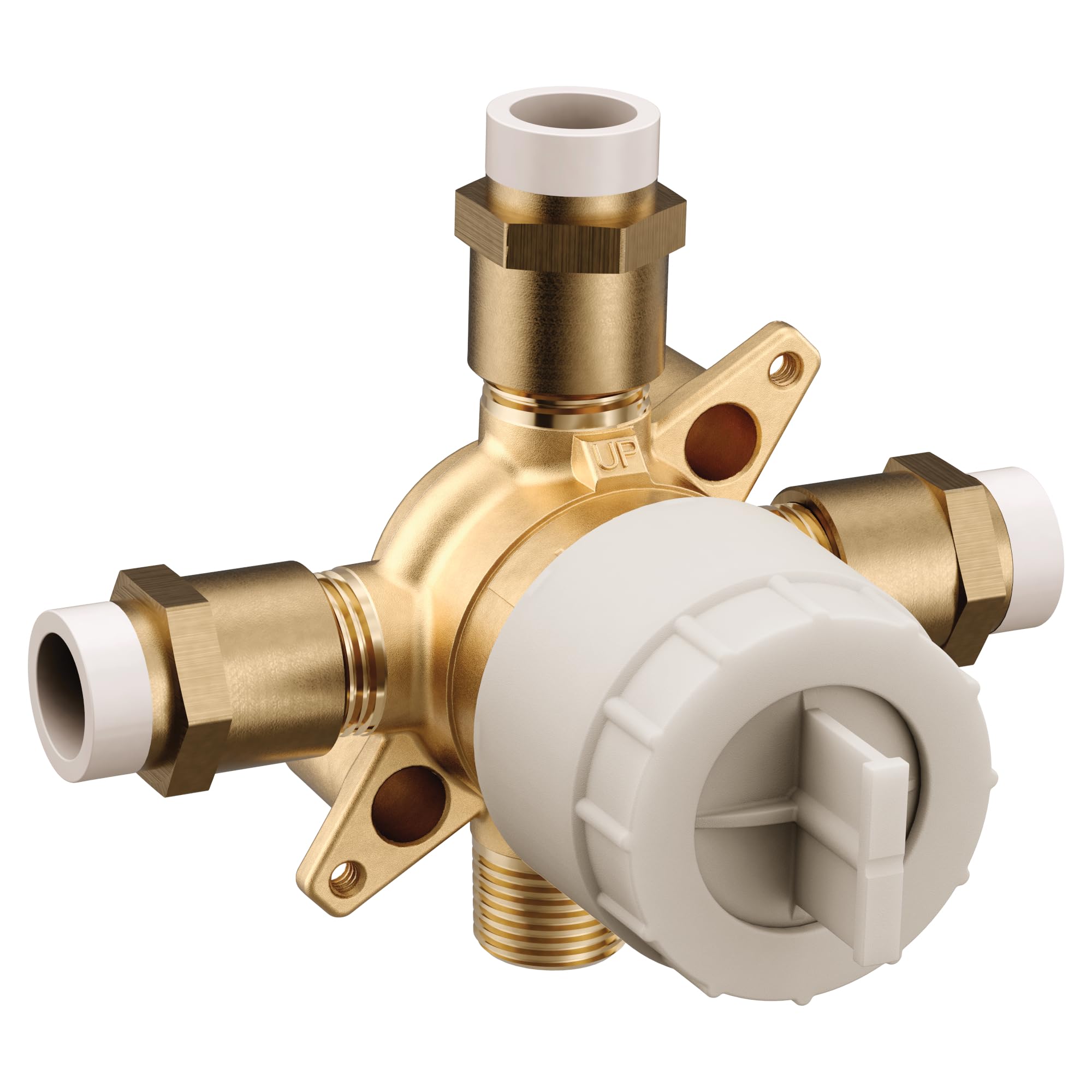 Brass mixing valve with white CPVC connections, four ports, and white control handle for tub and shower.
