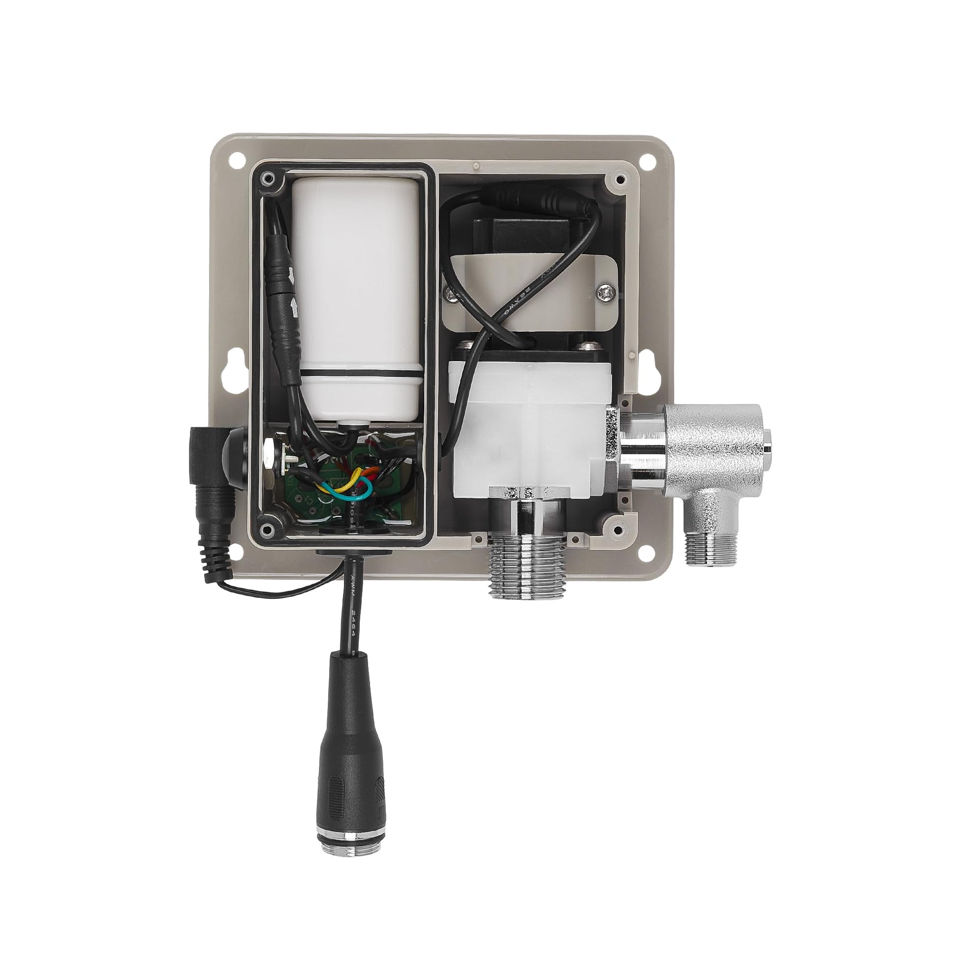 Battery-powered deck-mounted valve body with integrated sensor, electronic components, and chrome outlet fitting visible from