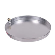 Silver metal water heater drain pan with brass fitting valve on side.