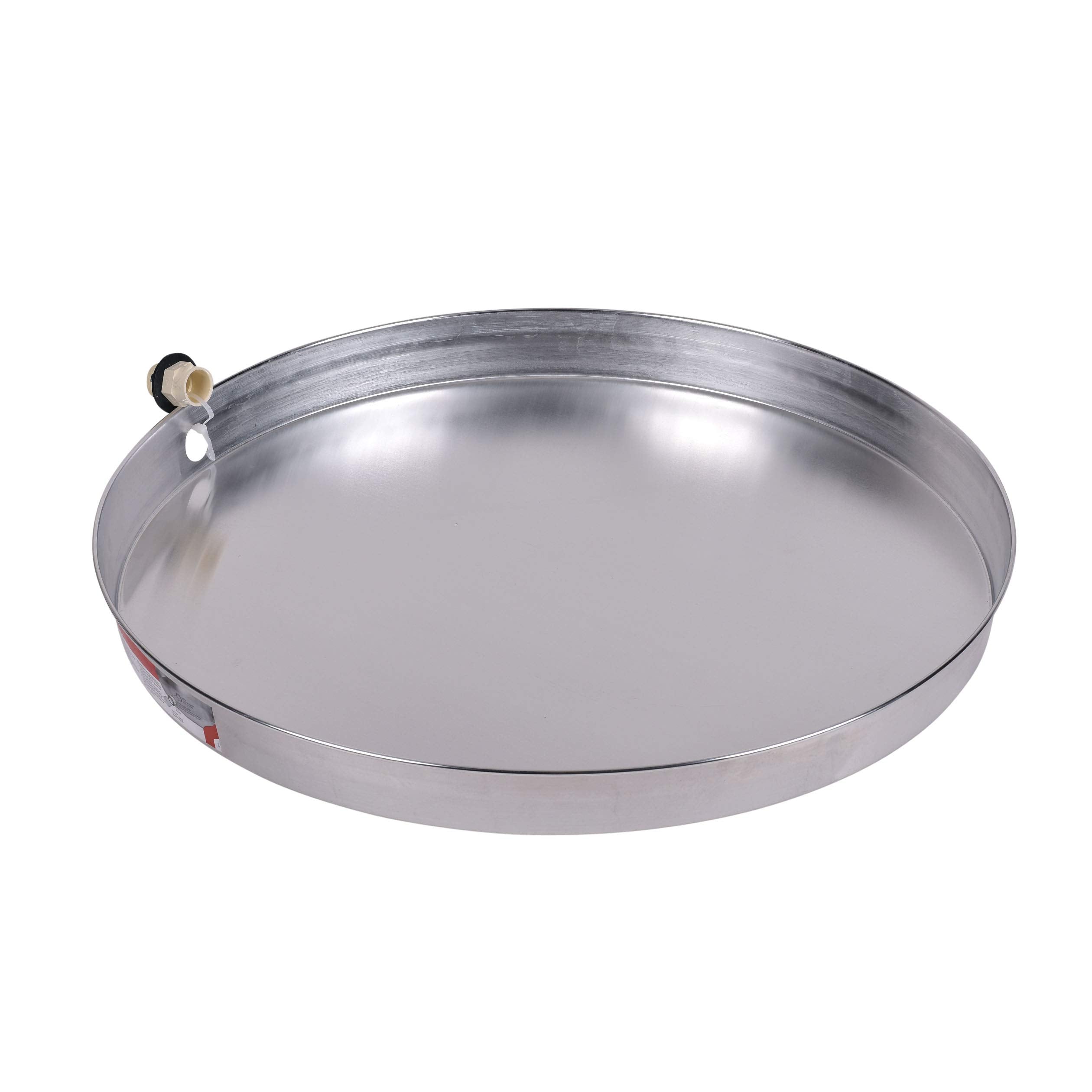Silver metal water heater drain pan with brass fitting valve on side.