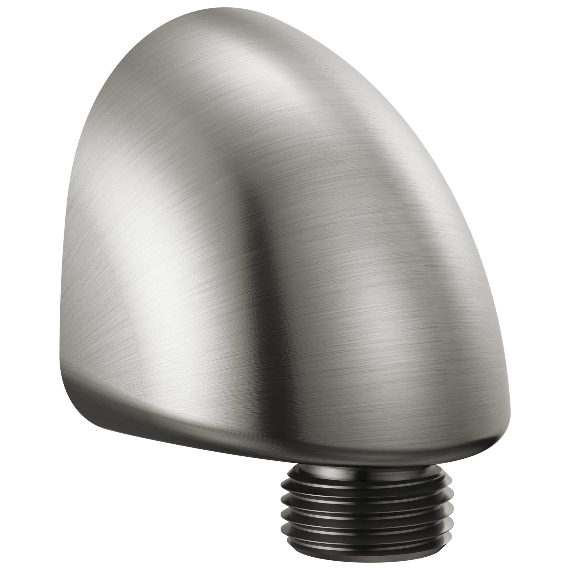 Brushed stainless steel wall elbow with rounded dome shape and threaded connection base.
