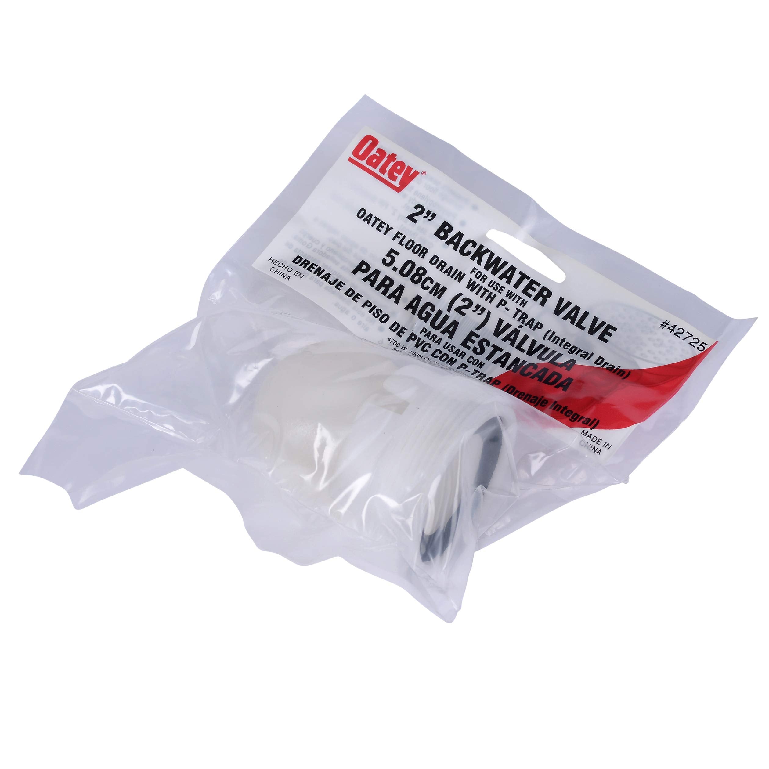 White 2-inch backwater valve for shower drain in clear plastic packaging with red and white label.