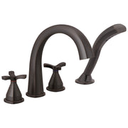 Dark bronze four-hole roman tub trim with arched spout, center control, and cross handles on each side.