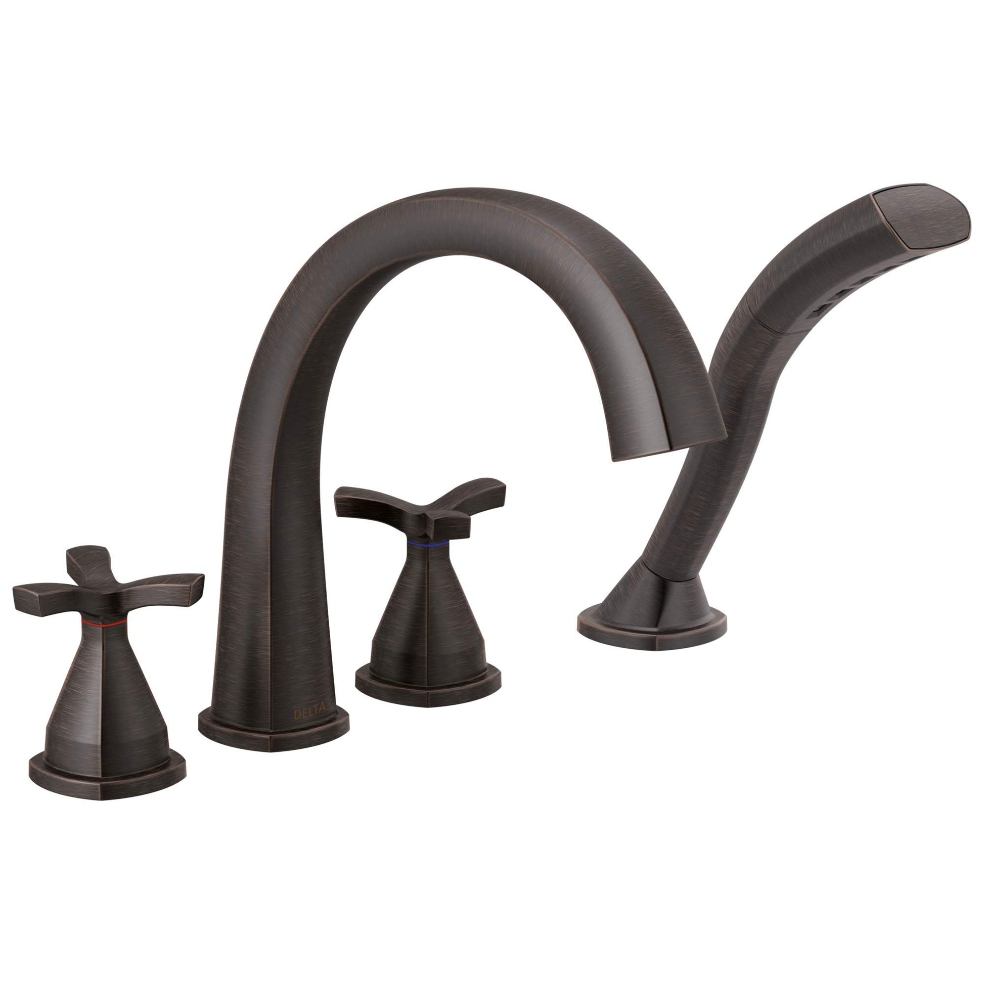 Dark bronze four-hole roman tub trim with arched spout, center control, and cross handles on each side.