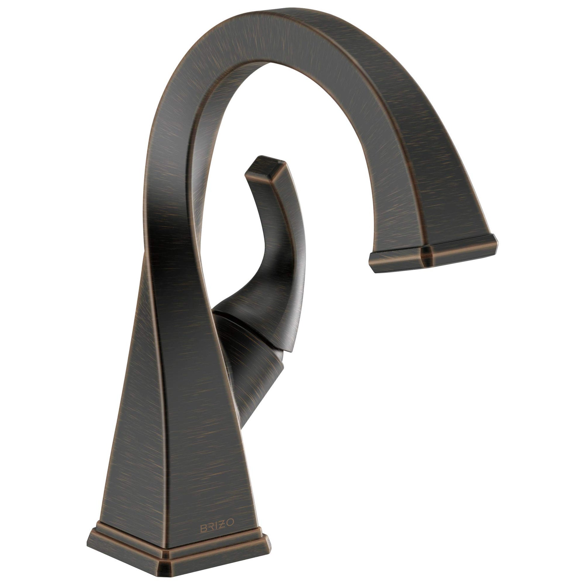 Bronze single-handle lavatory faucet with curved spout and rectangular base.