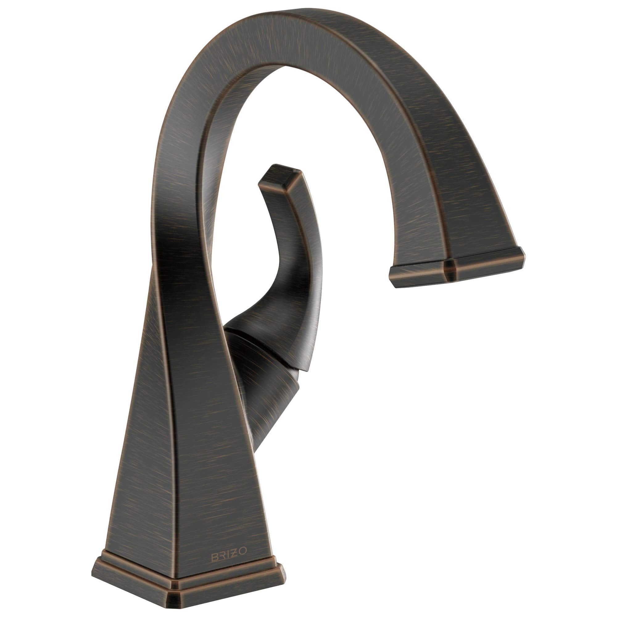 Bronze single-handle lavatory faucet with curved spout and rectangular base.