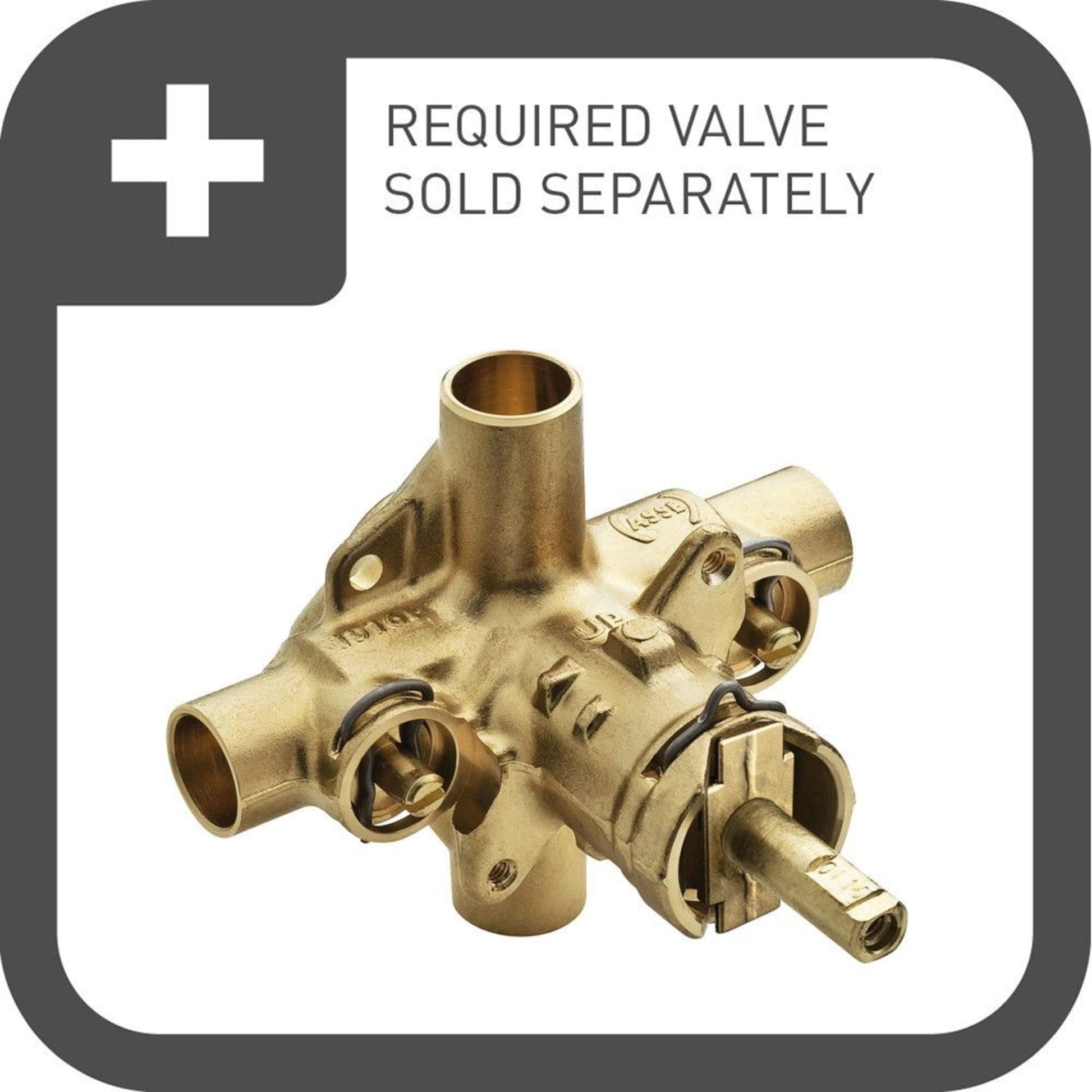Brass 3-function diverter valve body with multiple inlet and outlet ports and control levers.