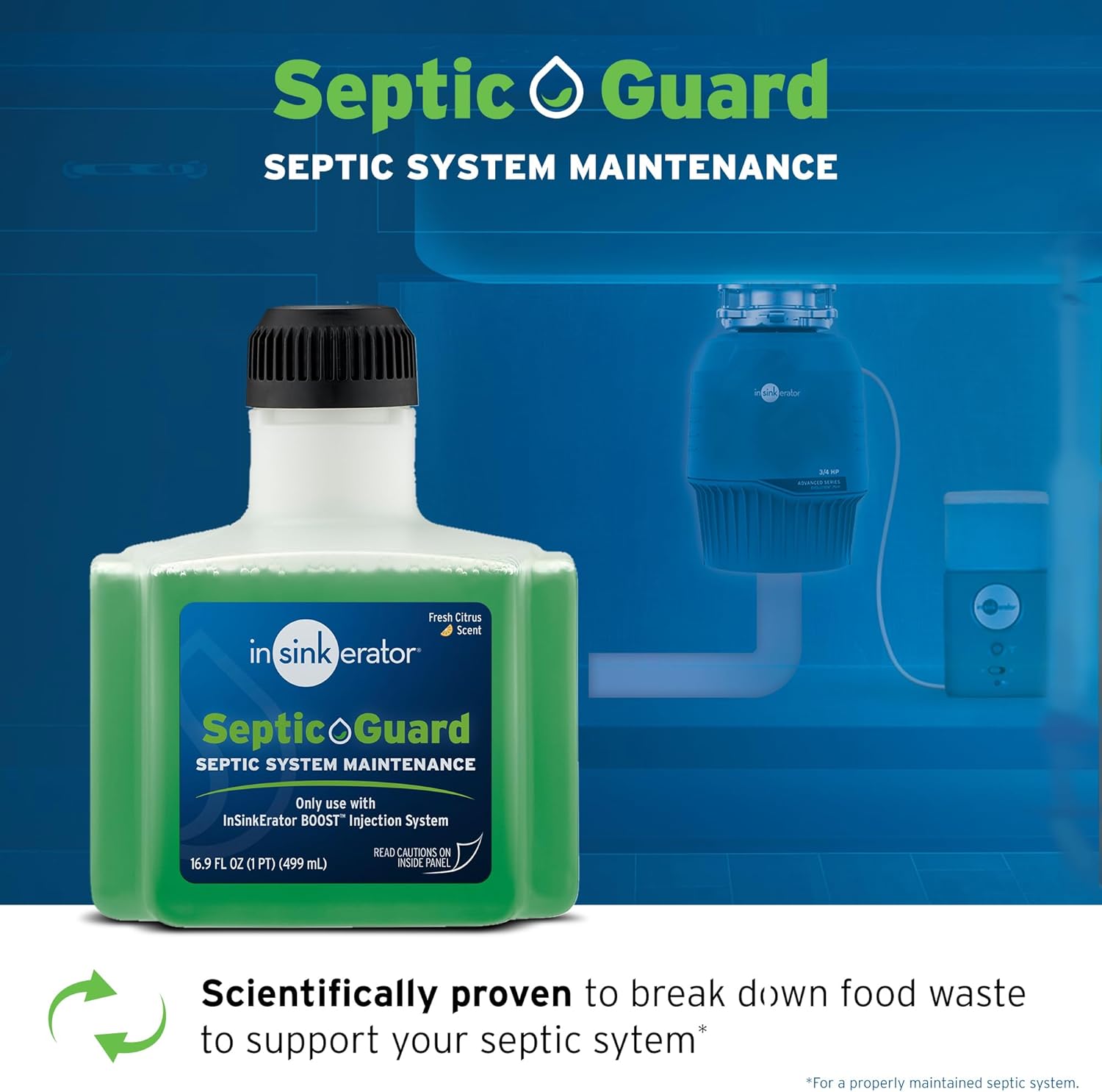 Green liquid septic system maintenance cartridge with black cap labeled InSinkErator Septic Guard, 16.9 fl oz.
