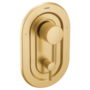 Brushed gold oval shower valve trim with circular dial handle and lower control lever, featuring red and blue indicator dots.