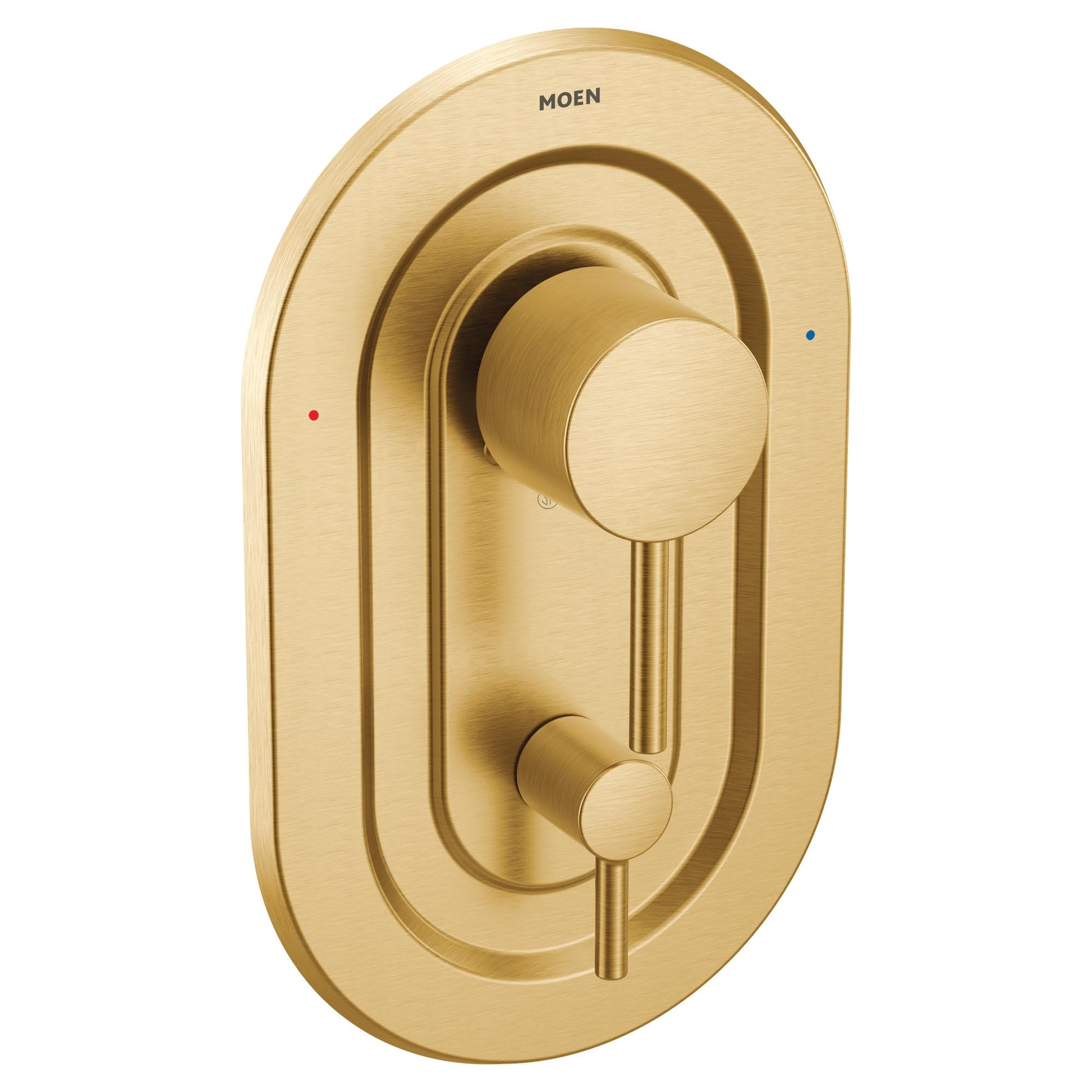 Brushed gold oval shower valve trim with circular dial handle and lower control lever, featuring red and blue indicator dots.