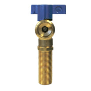Brass quarter-turn valve with blue handle and threaded outlet for washing machine connection.