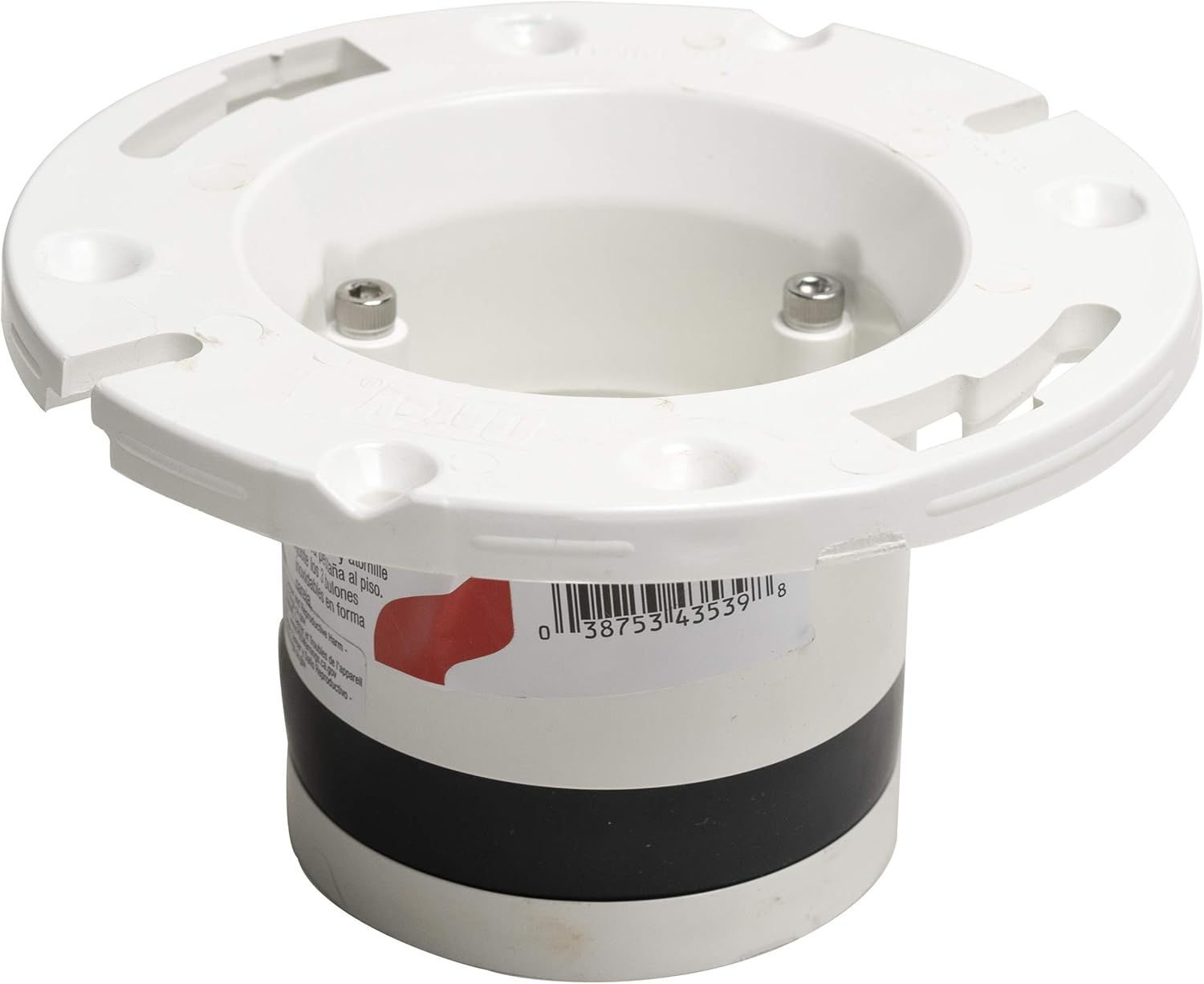 White PVC flange with central opening, metal fasteners, and black rubber gasket band around lower cylindrical section.