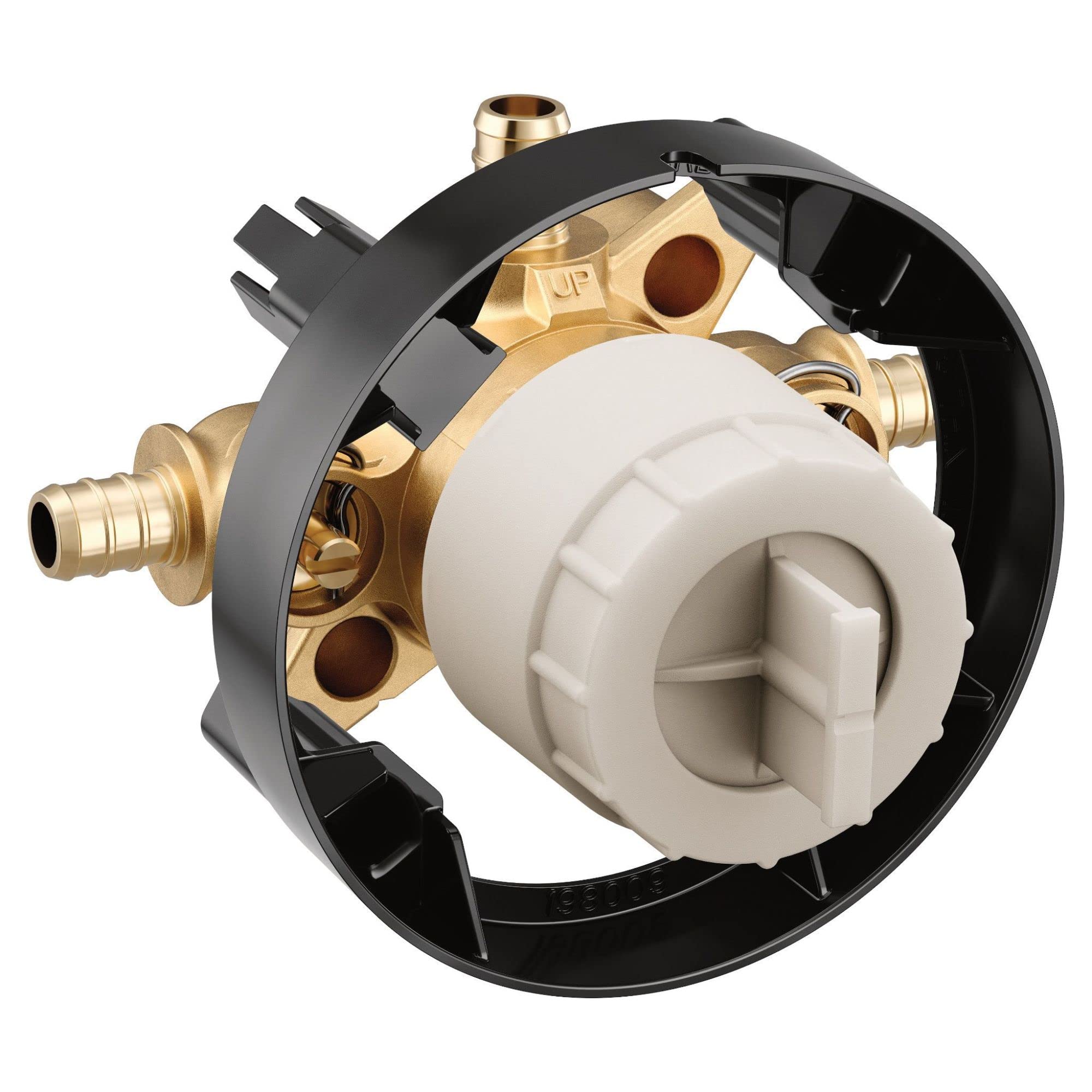Brass 3-port shower mixing valve with white ceramic cartridge, PEX crimp ring connections, and black trim ring.