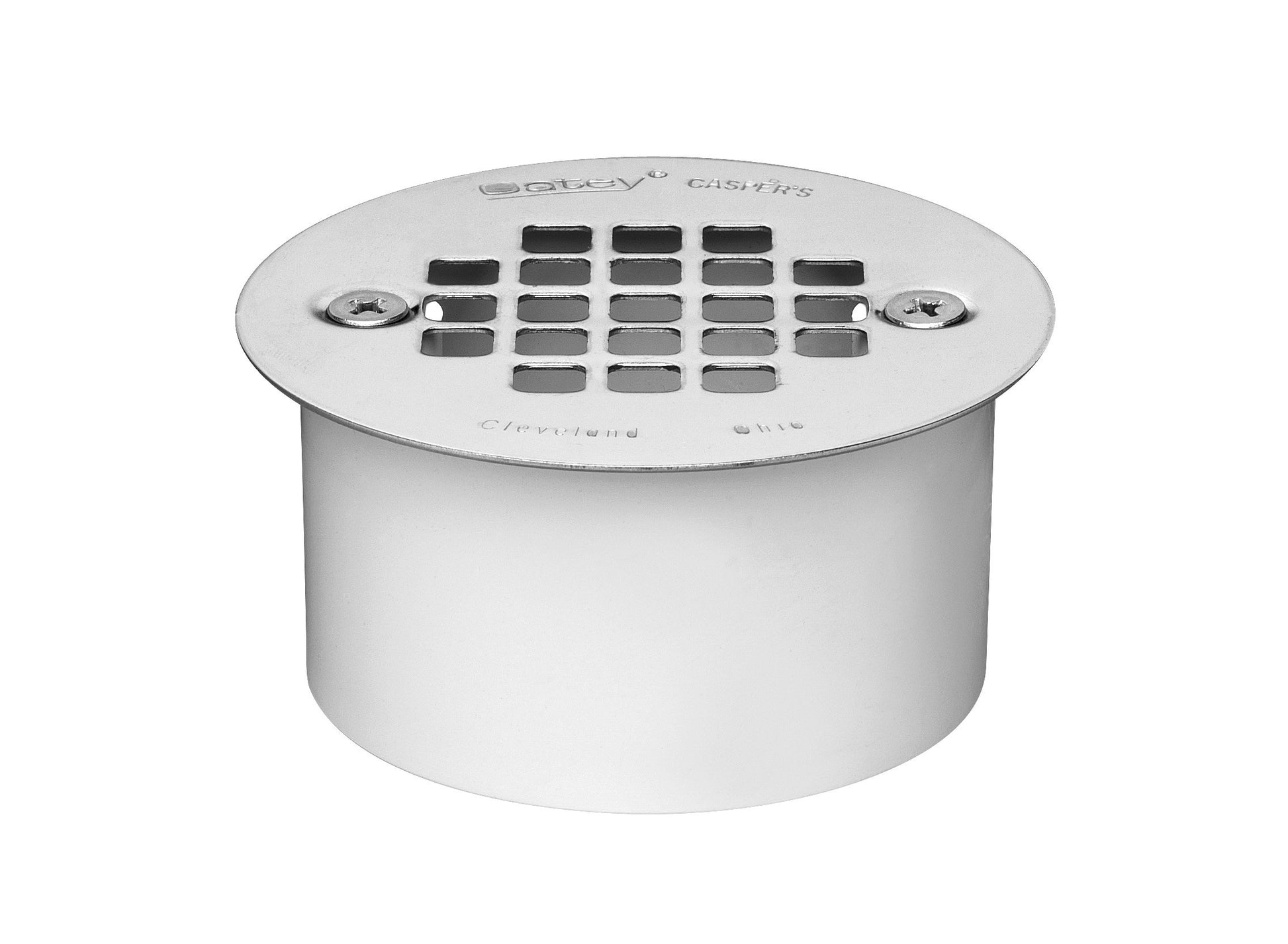 White PVC floor drain with stainless steel strainer grate and two mounting screws.