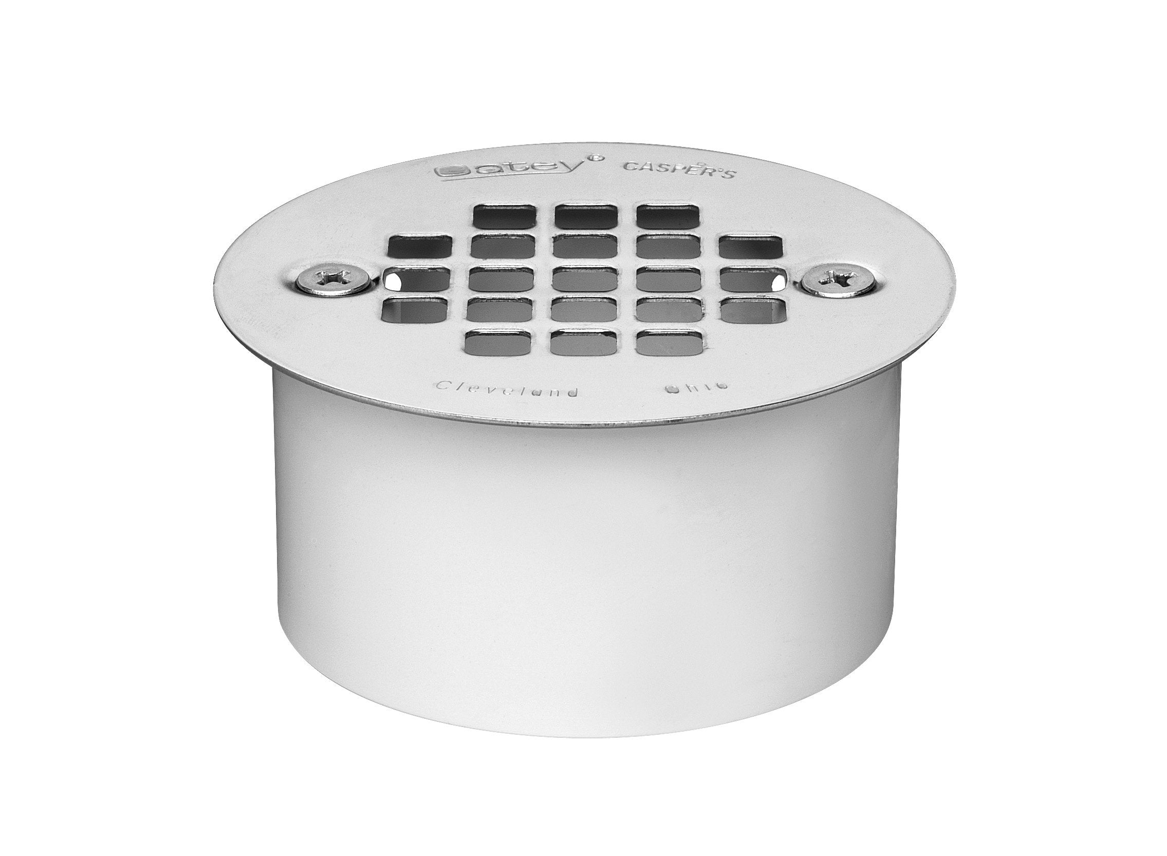 White PVC floor drain with stainless steel strainer grate and two mounting screws.