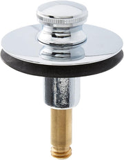 Chrome-plated lift and turn sink stopper with knurled cap, black rubber seal, and brass pin shaft.