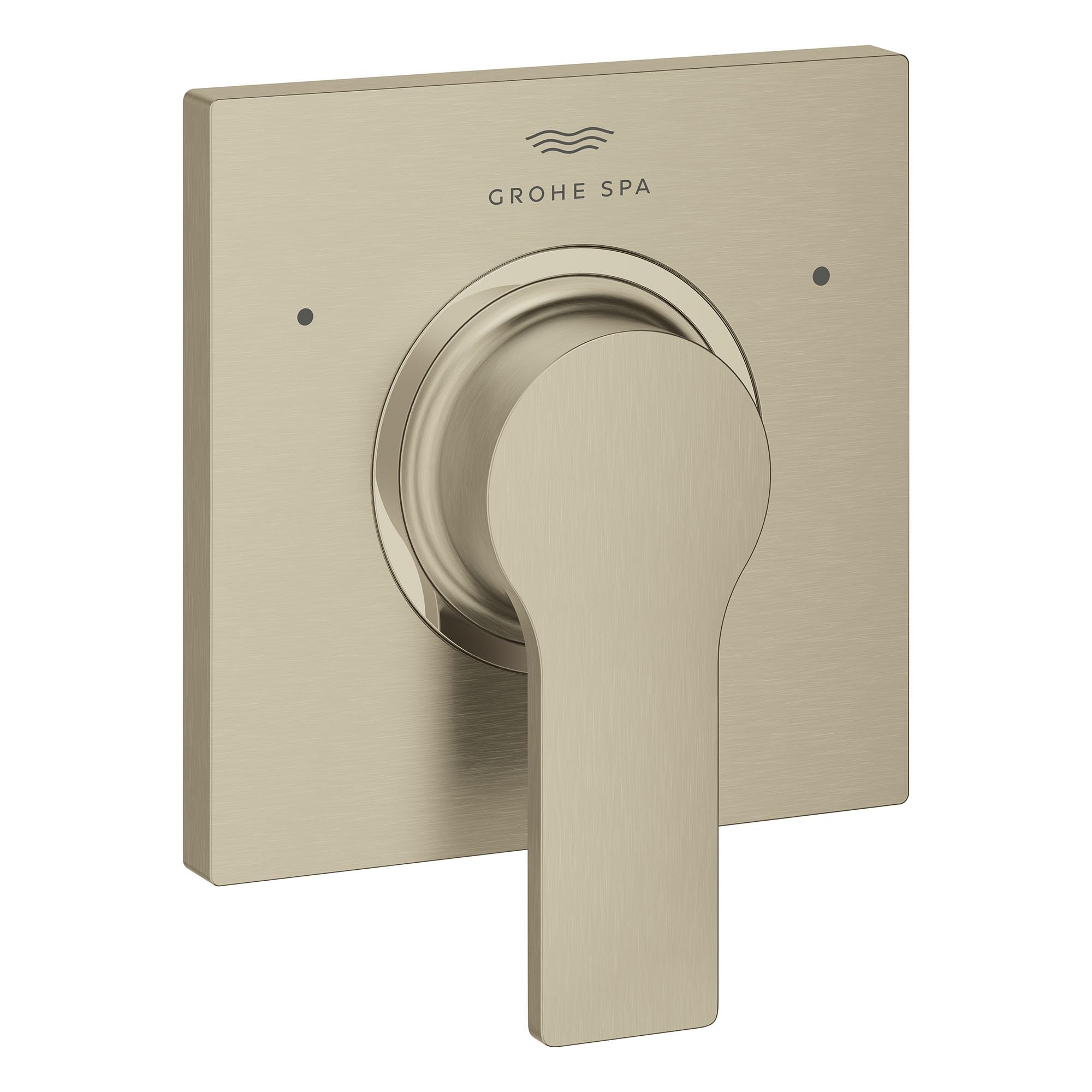 Grohe Allure brushed nickel 3-way diverter valve trim with round handle and square escutcheon plate.