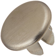 Stainless steel plug button with brushed finish and cylindrical post for bathroom fixture installation.