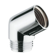 Chrome plated adapter elbow with threaded male connection and angled outlet port.